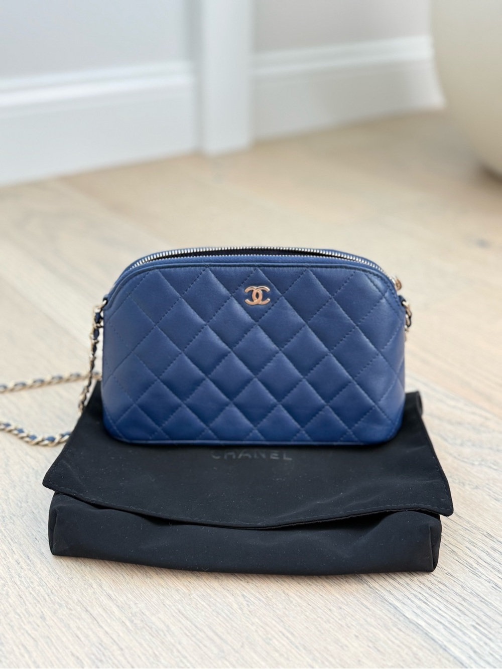 CHANEL Blue Clutch with Chain Lambskin Leather Gold Hardware (2024)